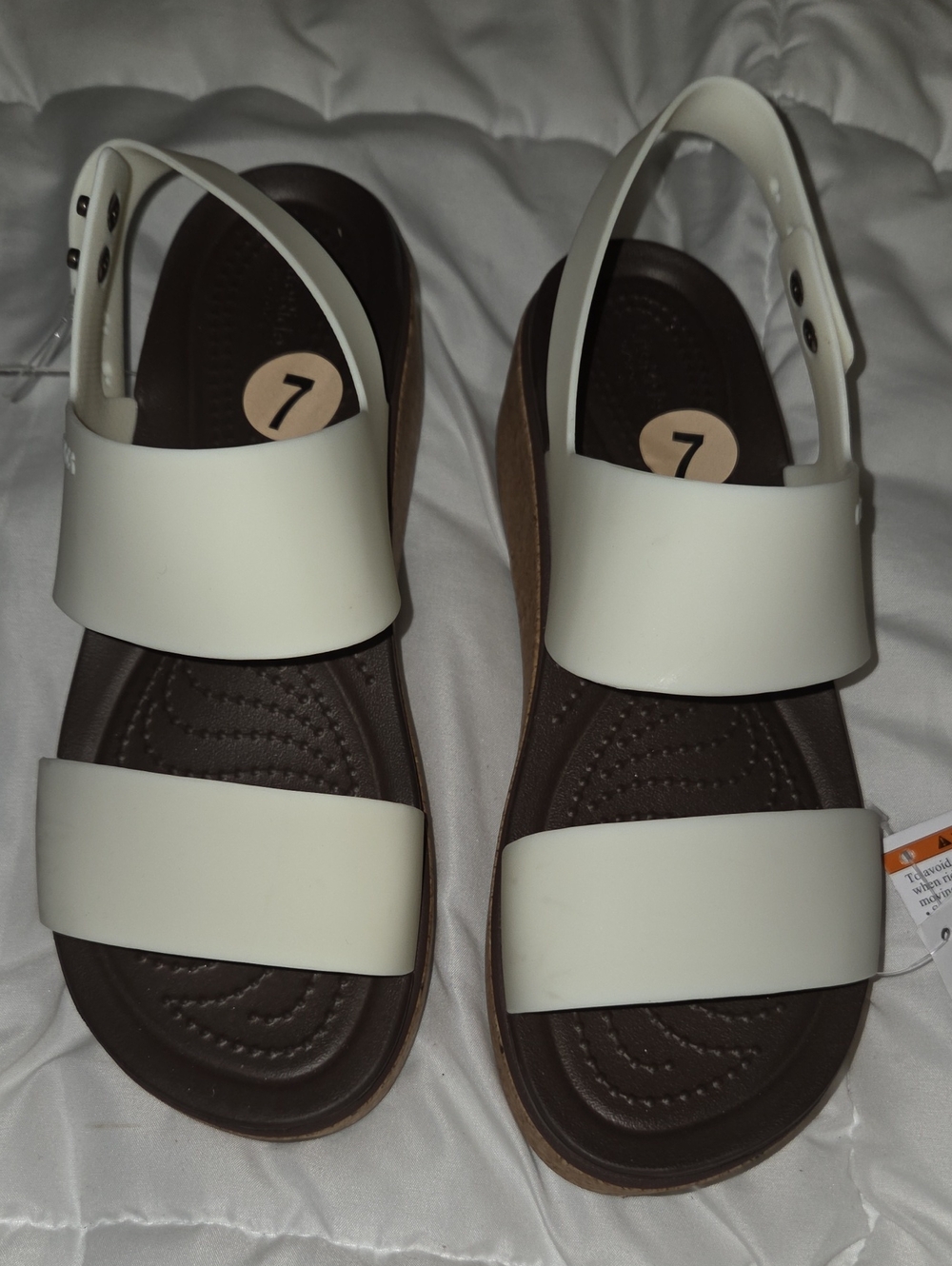 CROCS Women's White Strap Wedge Sandals with Brown Footbed